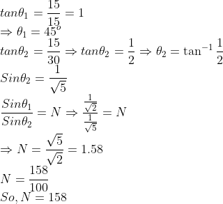 \\ tan \theta_1=\frac{15}{15}=1\\ \Rightarrow \theta_1=45^o\\ tan \theta_2=\frac{15}{30}\Rightarrow tan \theta_2=\frac{1}{2}\Rightarrow \theta_2=\tan^{-1}\frac{1}{2}\\ Sin \theta_2=\frac{1}{\sqrt5}\\ \frac{Sin \theta_1}{Sin \theta_2}=N\Rightarrow \frac{\frac{1}{\sqrt2}}{\frac{1}{\sqrt5}}=N\\ \Rightarrow N=\frac{\sqrt5}{\sqrt2}=1.58\\ N=\frac{158}{100}\\ So, N=158
