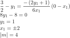 \\\frac{3}{2}-y_{1}=\frac{-\left(2 y_{1}+1\right)}{6 x_{1}}\left(0-x_{1}\right)\\ 8y_1-8=0\\ y_1=1\\ x_1=\pm2\\ |m|=4