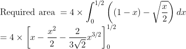 \\\text{Required area }= 4 \times \int_{0}^{1 / 2}\left((1-x)-\sqrt{\frac{x}{2}}\right) d x\\=4 \times\left[x-\frac{x^{2}}{2}-\frac{2}{3 \sqrt{2}} x^{3 / 2}\right]_{0}^{1 / 2}