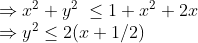 \begin{array}{l} \Rightarrow x^{2}+y^{2} \text { } \leq 1+x^{2}+2 x \\ \Rightarrow y^{2} \leq 2(x+1 / 2) \end{array}