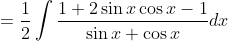 =\frac{1}{2} \int \frac{1+2 \sin x \cos x-1}{\sin x+\cos x} d x