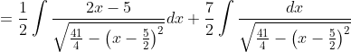 =\frac{1}{2} \int \frac{2 x-5}{\sqrt{\frac{41}{4}-\left(x-\frac{5}{2}\right)^{2}}} d x+\frac{7}{2} \int \frac{d x}{\sqrt{\frac{41}{4}-\left(x-\frac{5}{2}\right)^{2}}}