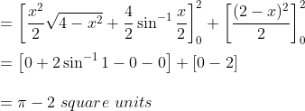 \\ = \left [\frac{x^2}{2} \sqrt{4-x^2}+ \frac{4}{2} \sin ^{-1} \frac{x}{2} \right ]_0^2 +\left[ \frac{(2-x)^2}{2}\right]_0^2 \\\\ = \left [0+ 2 \sin ^{-1}1 - 0-0 \right ] +\left[ 0 - 2\right] \\\\ = \pi -2 \ square \ units
