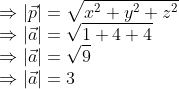 \\ \Rightarrow|\vec{p}|=\sqrt{x^{2}+y^{2}+z^{2}} \\ \Rightarrow|\vec{a}|=\sqrt{1+4+4} \\ \Rightarrow|\vec{a}|=\sqrt{9} \\ \Rightarrow|\vec{a}|=3