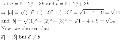\\ \begin{aligned} &\text { Let } \vec{a}=\hat{\imath}-2 \hat{\jmath}-3 \hat{k} \text { and } \vec{b}=\hat{\imath}+2 \hat{\jmath}+3 \hat{k}\\ &\Rightarrow|\vec{a}|=\sqrt{(1)^{2}+(-2)^{2}+(-3)^{2}}=\sqrt{1+4+9}=\sqrt{14}\\ &\text { and }|\vec{b}|=\sqrt{(1)^{2}+(2)^{2}+(3)^{2}}=\sqrt{1+4+9}=\sqrt{14}\\ &\text { Now, we observe that }\\ &|\vec{a}|=|\vec{b}| \text { but } \vec{a} \neq \vec{b} \end{aligned}
