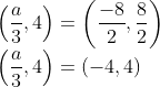 \\ \left(\frac{a}{3}, 4\right)=\left(\frac{-8}{2}, \frac{8}{2}\right) \\\left(\frac{a}{3}, 4\right)=(-4,4)