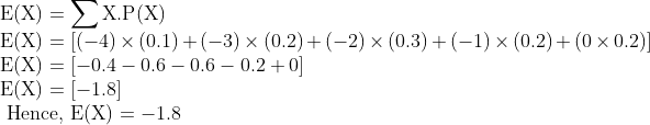\\ \mathrm{E}(\mathrm{X})=\sum \mathrm{X.P}(\mathrm{X}) \\ \mathrm{E}(\mathrm{X})=[(-4) \times(0.1)+(-3) \times(0.2)+(-2) \times(0.3)+(-1) \times(0.2)+(0 \times 0.2)] \\ \mathrm{E}(\mathrm{X})=[-0.4-0.6-0.6-0.2+0] \\ \mathrm{E}(\mathrm{X})=[-1.8] \\ \text { Hence, } \mathrm{E}(\mathrm{X})=-1.8