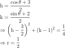 \\ \mathrm{h}=\frac{\cos \theta+3}{2} \\ \mathrm{k}=\frac{\sin \theta+2}{2} \\ \Rightarrow\left(\mathrm{h}-\frac{3}{2}\right)^{2}+(\mathrm{k}-1)^{2}=\frac{1}{4}\\ \Rightarrow \mathrm{r}=\frac{1}{2}