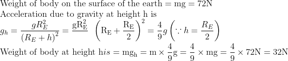 \\ \text{Weight of body on the surface of the earth} =\mathrm{mg}=72 \mathrm{N}\\ \text {Acceleration due to gravity at height h is}\\ g_{h}=\frac{g R_{E}^{2}}{\left(R_{E}+h\right)^{2}} =\frac{\mathrm{gR}_{\mathrm{E}}^{2}}\ \ \ {\left(\mathrm{R}_{\mathrm{E}}+\frac{\mathrm{R}_{\mathrm{E}}}{2}\right)^{2}} =\frac{4}{9} g\left(\because h=\frac{R_{E}}{2}\right) \\ \text {Weight of body at height }\mathrm{h} is \mathrm{}=\mathrm{mg}_{\mathrm{h}} =\mathrm{m} \times \frac{4}{9} \mathrm{g}=\frac{4}{9} \times \mathrm{mg} =\frac{4}{9} \times 72 \mathrm{N}=32 \mathrm{N}