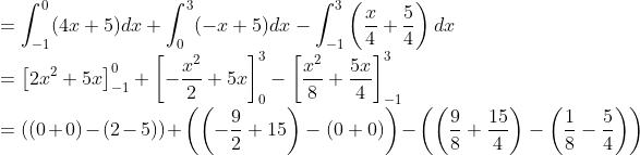 \\=\int_{-1}^{0}(4 x+5) d x+\int_{0}^{3}(-x+5) d x-\int_{-1}^{3}\left(\frac{x}{4}+\frac{5}{4}\right) d x$\\ $=\left[2 x^{2}+5 x\right]_{-1}^{0}+\left[-\frac{x^{2}}{2}+5 x\right]_{0}^{3}-\left[\frac{x^{2}}{8}+\frac{5 x}{4}\right]_{-1}^{3}$ \\$=((0+0)-(2-5))+\left(\left(-\frac{9}{2}+15\right)-(0+0)\right)-\left(\left(\frac{9}{8}+\frac{15}{4}\right)-\left(\frac{1}{8}-\frac{5}{4}\right)\right)$ \\