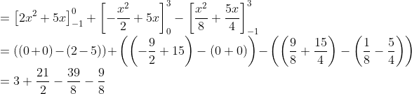 \\=\left[2 x^{2}+5 x\right]_{-1}^{0}+\left[-\frac{x^{2}}{2}+5 x\right]_{0}^{3}-\left[\frac{x^{2}}{8}+\frac{5 x}{4}\right]_{-1}^{3}\\=((0+0)-(2-5))+\left(\left(-\frac{9}{2}+15\right)-(0+0)\right)-\left(\left(\frac{9}{8}+\frac{15}{4}\right)-\left(\frac{1}{8}-\frac{5}{4}\right)\right)\\=3+\frac{21}{2}-\frac{39}{8}-\frac{9}{8}$ \\