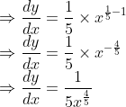 \\\Rightarrow \frac{d y}{d x}=\frac{1}{5} \times x^{\frac{1}{5}-1}$ \\$\Rightarrow \frac{d y}{d x}=\frac{1}{5} \times x^{-\frac{4}{5}}$ \\$\Rightarrow \frac{d y}{d x}=\frac{1}{5 x^{\frac{4}{5}}}$