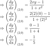 \\\Rightarrow\left(\frac{d y}{d x}\right)_{(2,0)}=\frac{2 x y-1}{1+x^{2}}$ \\$\Rightarrow\left(\frac{d y}{d x}\right)_{(2,0)}=\frac{2(2)(0)-1}{1+(2)^{2}}$ \\$\Rightarrow\left(\frac{d y}{d x}\right)_{(2,0)}=\frac{0-1}{1+4}$ \\$\Rightarrow\left(\frac{\mathrm{dy}}{\mathrm{dx}}\right)_{(2,0)}=-\frac{1}{5}$