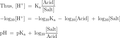 \\\mathrm{Thus,\: [H^{+}]\: =\: K_{a}\frac{[Acid]}{[Salt]}}\\\\\mathrm{-log_{10}[H^{+}]\: =\: -log_{10}K_{a}\: -\: log_{10}[Acid]\: +\: log_{10}[Salt]}\\\\\mathrm{pH\: =\: pK_{a}\: +\: log_{10}\frac{[Salt]}{Acid}}