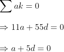 \sum ak=0\ \Rightarrow 11a+55d=0\ \Rightarrow a+5d=0