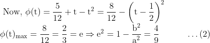 \\\text { Now, } \phi(\mathrm{t})=\frac{5}{12}+\mathrm{t}-\mathrm{t}^{2}=\frac{8}{12}-\left(\mathrm{t}-\frac{1}{2}\right)^{2} \\ \phi(\mathrm{t})_{\max }=\frac{8}{12}=\frac{2}{3}=\mathrm{e} \Rightarrow \mathrm{e}^{2}=1-\frac{\mathrm{b}^{2}}{\mathrm{a}^{2}}=\frac{4}{9} \;\;\;\;\;\;\;\;\;\;\;\ldots(2)