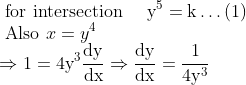 \\\text { for intersection } \quad \mathrm{y}^{5}=\mathrm{k} \ldots(1)\\ \text { Also } x=y^{4}\\ \Rightarrow 1=4 \mathrm{y}^{3} \frac{\mathrm{dy}}{\mathrm{dx}} \Rightarrow \frac{\mathrm{dy}}{\mathrm{dx}}=\frac{1}{4 \mathrm{y}^{3}}