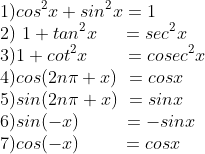 \\1) cos^2x+sin^2x=1\\2)\ 1+tan^2x\ \ \ \ =sec^2x\\3)1+cot^2x\ \ \ \ \ \ =cosec^2x\\4)cos (2n\pi + x) \ = cos x \\5)sin (2n\pi + x) \ = sin x \\6) sin (-x) \ \ \ \ \ \ \ = -sinx \\7) cos (-x) \ \ \ \ \ \ \ = cos x