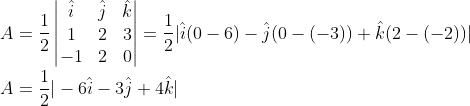 \\A=\frac{1}{2}\begin{vmatrix} \hat i &\hat j &\hat k \\ 1 &2 &3 \\ -1 &2 &0 \end{vmatrix}=\frac{1}{2}|\hat i(0-6)-\hat j(0-(-3))+\hat k(2-(-2))| \\A=\frac{1}{2}|-6\hat i-3\hat j+4\hat k|