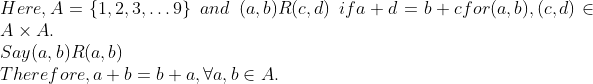 \\Here, A = \{ 1, 2, 3, \ldots 9 \} \: \: and \: \: (a, b) R (c, d)\: \: if a + d = b + c for (a, b), (c, d) \in A \times A.\\ Say (a, b) R (a, b)\\ Therefore, a + b = b + a, \forall a, b \in A .
