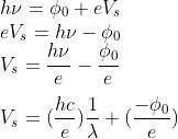 \\h\nu=\phi_0+eV_s\\eV_s=h\nu-\phi_0\\V_s=\frac{h\nu}{e}-\frac{\phi_0}{e}\\\\V_s=(\frac{hc}{e})\frac{1}{\lambda}+(\frac{-\phi_0}{e})
