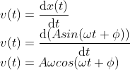 \\v(t)=\frac{\mathrm{d} x(t)}{\mathrm{d} t}\\ v(t)=\frac{\mathrm{d} (Asin(\omega t+\phi ))}{\mathrm{d} t}\\ v(t)=A\omega cos(\omega t+\phi )