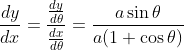 \begin{aligned} & &\frac{d y}{d x}=\frac{\frac{d y}{d \theta}}{\frac{dx}{d\theta}}=\frac{a \sin \theta}{a(1+\cos \theta)} \end{aligned}