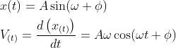 \begin{aligned} & x(t)=A \sin (\omega +\phi)\\ &V_{(t)}=\frac{d\left(x_{(t)}\right)}{d t}=A \omega \cos (\omega t+\phi)\\ \end{aligned}