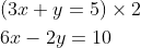 \begin{aligned} &(3 x+y=5) \times 2\\ &6 x-2 y=10 \end{aligned}