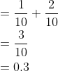\begin{aligned} &=\frac{1}{10}+\frac{2}{10} \\ &=\frac{3}{10} \\ &=0.3 \end{aligned}
