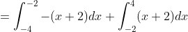 \begin{aligned} &=\int_{-4}^{-2}-(x+2) d x+\int_{-2}^{4}(x+2) d x \\ & \end{aligned}