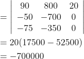\begin{aligned} &=\left|\begin{array}{ccc} 90 & 800 & 20 \\ -50 & -700 & 0 \\ -75 & -350 & 0 \end{array}\right| \\ &=20(17500-52500) \\ &=-700000 \end{aligned}