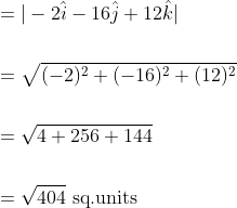 \begin{aligned} &=|-2 \hat{i}-16 \hat{j}+12 \hat{k}| \\\\ &=\sqrt{(-2)^{2}+(-16)^{2}+(12)^{2}} \\\\ &=\sqrt{4+256+144} \\\\ &=\sqrt{404} \text { sq.units } \end{aligned}