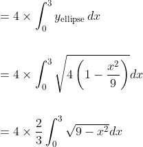 \begin{aligned} &=4 \times \int_{0}^{3} y_{\text {ellipse }} d x \\\\ &=4 \times \int_{0}^{3} \sqrt{4\left(1-\frac{x^{2}}{9}\right)} d x \\\\ &=4 \times \frac{2}{3} \int_{0}^{3} \sqrt{9-x^{2}} d x \end{aligned}