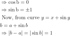 \begin{aligned} &\Rightarrow \cos \mathrm{b}=0\\ &\Rightarrow \sin \mathrm{b}=\pm 1\\ &\text { Now, from curve } y=x+\sin y\\ &b=a+\sin b\\ &\Rightarrow|b-a|=|\sin b|=1 \end{aligned}