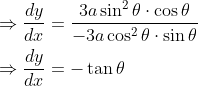 \begin{aligned} &\Rightarrow \frac{d y}{d x}=\frac{3 a \sin ^{2} \theta \cdot \cos \theta}{-3 a \cos ^{2} \theta \cdot \sin \theta} \\ &\Rightarrow \frac{d y}{d x}=-\tan \theta \end{aligned}
