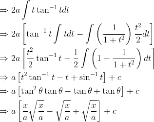 \begin{aligned} &\Rightarrow 2 a \int t \tan ^{-1} t d t \\ &\Rightarrow 2 a\left[\tan ^{-1} t \int t d t-\int\left(\frac{1}{1+t^{2}}\right) \frac{t^{2}}{2} d t\right] \\ &\Rightarrow 2 a\left[\frac{t^{2}}{2} \tan ^{-1} t-\frac{1}{2} \int\left(1-\frac{1}{1+t^{2}}\right) d t\right] \\ &\Rightarrow a\left[t^{2} \tan ^{-1} t-t+\sin ^{-1} t\right]+c \\ &\Rightarrow a\left[\tan ^{2} \theta \tan \theta-\tan \theta+\tan \theta\right]+c \\ &\Rightarrow a\left[\frac{x}{a} \sqrt{\frac{x}{a}}-\sqrt{\frac{x}{a}}+\sqrt{\frac{x}{a}}\right]+c \end{aligned}