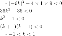 \begin{aligned} &\Rightarrow(-6 k)^{2}-4 \times 1 \times 9<0 \\ &36 k^{2}-36<0 \\ &k^{2}-1<0 \\ &(k+1)(k-1)<0 \\ &\Rightarrow-1<k<1 \end{aligned}