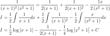 \begin{aligned} &\frac{1}{(x+1)^{2}\left(x^{2}+1\right)}=\frac{1}{2(x+1)}+\frac{1}{2(x+1)^{2}}-\frac{1 x}{2\left(x^{2}+1\right)} \\ &I=\frac{1}{2} \int \frac{1}{x+1} d x+\frac{1}{2} \int \frac{1}{(x+1)^{2}}-\frac{1}{2} \int \frac{x}{\left(x^{2}+1\right)} d x \\ &I=\frac{1}{2} \log |x+1|-\frac{1}{2(x+1)}-\frac{1}{4} \log \left|x^{2}+1\right|+C \end{aligned}