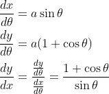 \begin{aligned} &\frac{d x}{d \theta}=a \sin \theta \\ &\frac{d y}{d \theta}=a(1+\cos \theta) \\ &\frac{d y}{d x}=\frac{\frac{d y}{d \theta}}{\frac{d x}{d \theta}}=\frac{1+\cos \theta}{\sin \theta} \end{aligned}