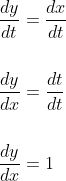 \begin{aligned} &\frac{d y}{d t}=\frac{d x}{d t} \\\\ &\frac{d y}{d x}=\frac{d t}{d t} \\\\ &\frac{d y}{d x}=1 \end{aligned}