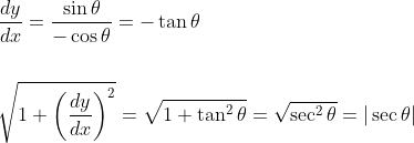 \begin{aligned} &\frac{d y}{d x}=\frac{\sin \theta}{-\cos \theta}=-\tan \theta \\\\ &\sqrt{1+\left(\frac{d y}{d x}\right)^{2}}=\sqrt{1+\tan ^{2} \theta}=\sqrt{\sec ^{2} \theta}=|\sec \theta| \end{aligned}