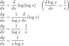 \begin{aligned} &\frac{d y}{d x}=\frac{d}{d x} \log (\log x) \quad\left(\frac{d \log x}{d x}=\frac{1}{x}\right) \\ &\frac{d y}{d x}=\frac{1}{\log x} \frac{d}{d x}(\log x) \\ &\frac{d y}{d x}=\frac{1}{\log x} \cdot \frac{1}{x} \\ &\frac{d y}{d x}=\frac{1}{x \log x} \end{aligned}
