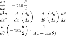 \begin{aligned} &\frac{d y}{d x}=-\tan \frac{\theta}{2} \\ &\frac{d^{2} y}{d x^{2}}=\frac{d}{d x}\left(\frac{d y}{d x}\right)=\frac{d}{d \theta}\left(\frac{d y}{d x}\right) \frac{d \theta}{d x} \\ &\frac{d}{d \theta}\left(-\tan \frac{\theta}{2}\right) \cdot \frac{1}{a(1+\cos \theta)} \end{aligned}
