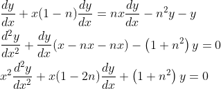 \begin{aligned} &\frac{d y}{d x}+x(1-n) \frac{d y}{d x}=n x \frac{d y}{d x}-n^{2} y-y \\ &\frac{d^{2} y}{d x^{2}}+\frac{d y}{d x}(x-n x-n x)-\left(1+n^{2}\right) y=0 \\ &x^{2} \frac{d^{2} y}{d x^{2}}+x(1-2 n) \frac{d y}{d x}+\left(1+n^{2}\right) y=0 \end{aligned}