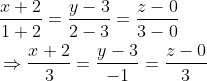 \begin{aligned} &\frac{x+2}{1+2}=\frac{y-3}{2-3}=\frac{z-0}{3-0} \\ &\Rightarrow \frac{x+2}{3}=\frac{y-3}{-1}=\frac{z-0}{3} \end{aligned}