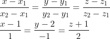 \begin{aligned} &\frac{x-x_{1}}{x_{2}-x_{1}}=\frac{y-y_{1}}{y_{2}-y_{1}}=\frac{z-z_{1}}{z_{2}-z_{1}} \\ &\frac{x-1}{1}=\frac{y-2}{-1}=\frac{z+1}{2} \end{aligned}