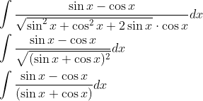 \begin{aligned} &\int \frac{\sin x-\cos x}{\sqrt{\sin ^{2} x+\cos ^{2} x+2 \sin x} \cdot \cos x} d x \\ &\int \frac{\sin x-\cos x}{\sqrt{(\sin x+\cos x)^{2}}} d x \\ &\int \frac{\sin x-\cos x}{(\sin x+\cos x)} d x \end{aligned}
