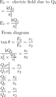 \begin{aligned} &\mathrm{E}_{2}=\text { electric field due to } \mathrm{Q}_{2}\\ &=\frac{\mathrm{kQ}_{2}}{\mathrm{x}_{2}^{2}}\\ &\mathrm{E}_{1}=\frac{\mathrm{kQ}_{1}}{\mathrm{x}_{1}^{2}}\\ &\text { From diagram }\\ &\tan \theta=\frac{E_{2}}{E_{1}}=\frac{x_{1}}{x_{2}}\\ &\frac{\mathrm{kQ}_{2}}{\mathrm{x}_{2}^{2} \times \frac{\mathrm{kQ}_{1}}{\mathrm{x}_{1}^{2}}}=\frac{\mathrm{x}_{1}}{\mathrm{x}_{2}}\\ &\frac{Q_{2} x_{1}^{2}}{Q_{1} x_{2}^{2}}=\frac{x_{1}}{x_{2}}\\ &\frac{\mathrm{Q}_{2}}{\mathrm{Q}_{1}}=\frac{\mathrm{x}_{2}}{\mathrm{x}_{1}}\\ &\frac{Q_{1}}{Q_{2}}=\frac{x_{1}}{x_{2}} \end{aligned}