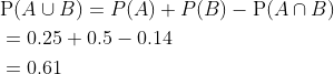 \begin{aligned} &\mathrm{P}(A \cup B)=P(A)+P(B)-\mathrm{P}(A \cap B) \\ &=0.25+0.5-0.14 \\ &=0.61 \\ \end{aligned}